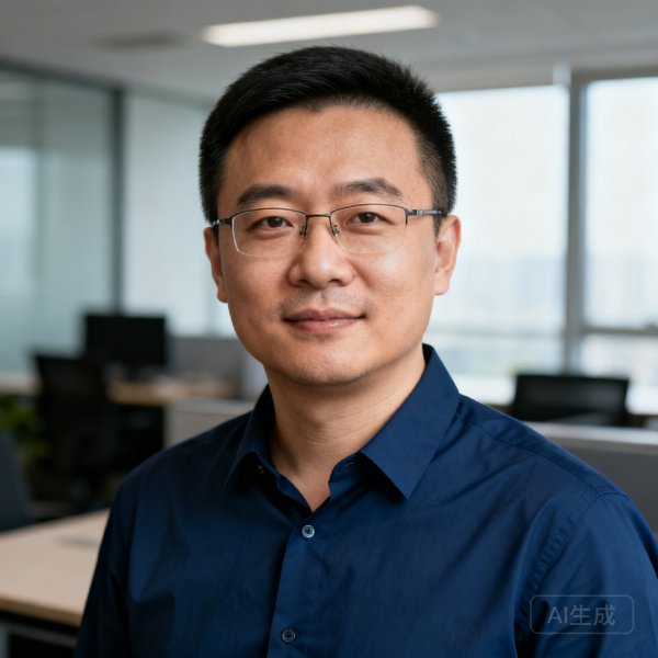 JRS看球网创始人张磊正面半身照，身穿深蓝色商务休闲衬衫，背景为办公室