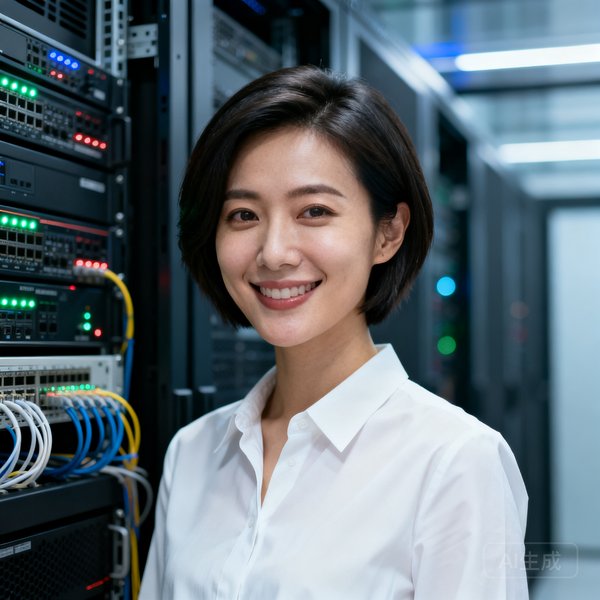 JRS看球网CTO李敏微笑半身照，短发干练女性，穿着白色衬衫，背景为数据中心