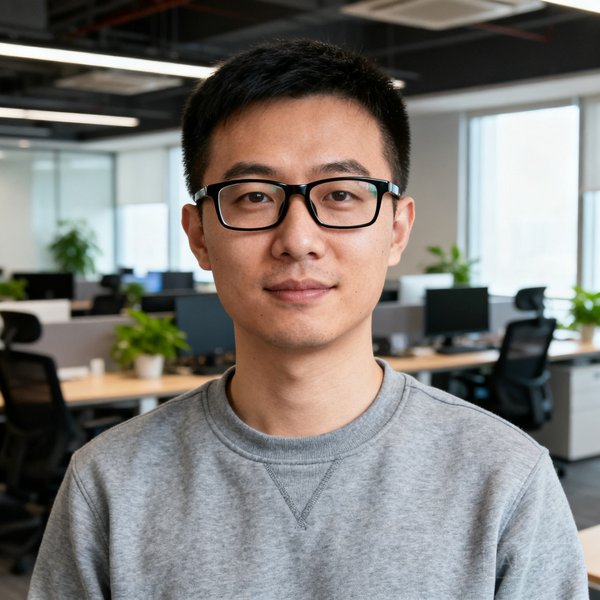JRS看球网产品总监王凯半身照，戴黑框眼镜，穿着灰色卫衣，背景为开放式办公区